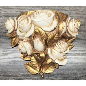 Vtg Homco 70's Floral Wall Pocket Decor White Roses Gold Gilt Hollywood Regency